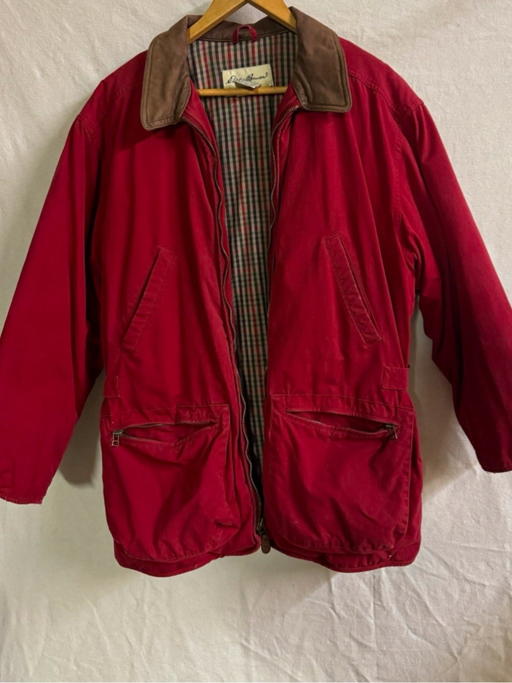 Vintage 90s Eddie Bauer Goose Down Field Jacket Women M Red Leather Collar Plaid